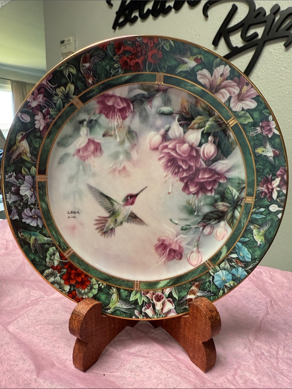 Decorative Hummingbird Floral Accent Plate in Green and Pink Plate #5094 M